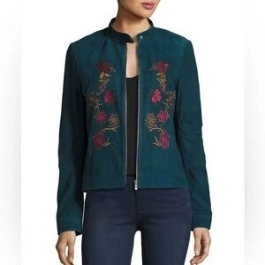 Neiman Marcus Leather Collection Floral Embroidered Suede Jacket Teal
